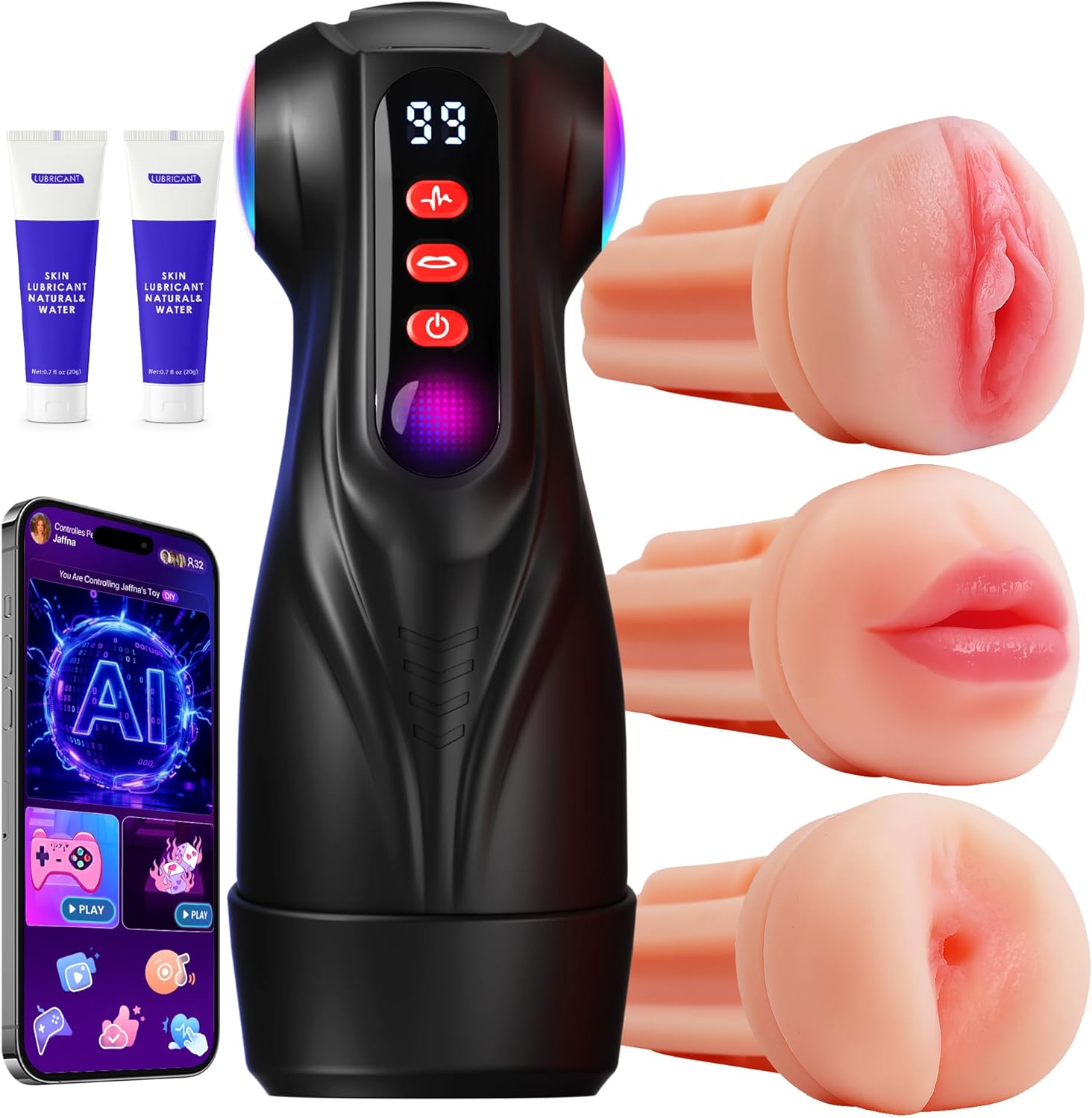 Uoffile Male Masturbator Sex Toys for Men - 3 Sleeves AI Sync Pocket Pussy Penis Pump with 9 Sucking & 9 Vibrating, APP Adult Toys Mens Sex Toy, Colorful Lighting Stroker Machine Erotic Massage Kits
