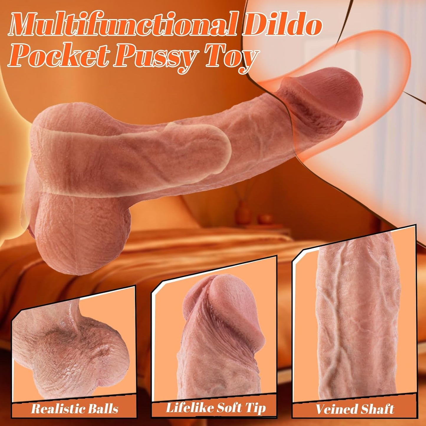 2 in 1 Silicone Male Masturbator Dildo with Lifelike Vagina, 8.6in Realistic Pocket Pussy and Dildo Design, Penis Sleeve Extender Stroker, Soft Silicone Adult Sex Toys for Men Women Couples