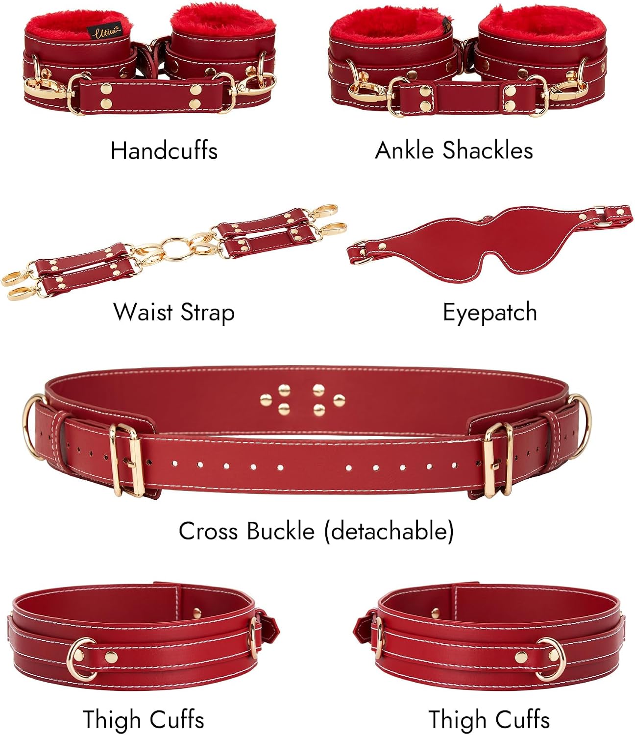 UTIMI Sex Bondage BDSM Kit Restraints 6PCS Sets with Adjustable Handcuffs Ankle Cuff Thigh Cuffs Blindfold Cross Strap Waist Strap Adult SM Games Sex Toys for Men Women and Couples