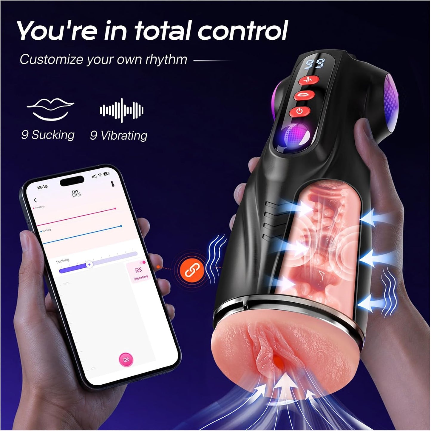 Uoffile Male Masturbator Sex Toys for Men - 3 Sleeves AI Sync Pocket Pussy Penis Pump with 9 Sucking & 9 Vibrating, APP Adult Toys Mens Sex Toy, Colorful Lighting Stroker Machine Erotic Massage Kits